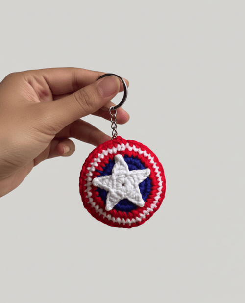 Handmade Crochet Captain Shield Keychain – Superhero Inspired Keyring | Crochet By Pihu - Crochet By Pihu