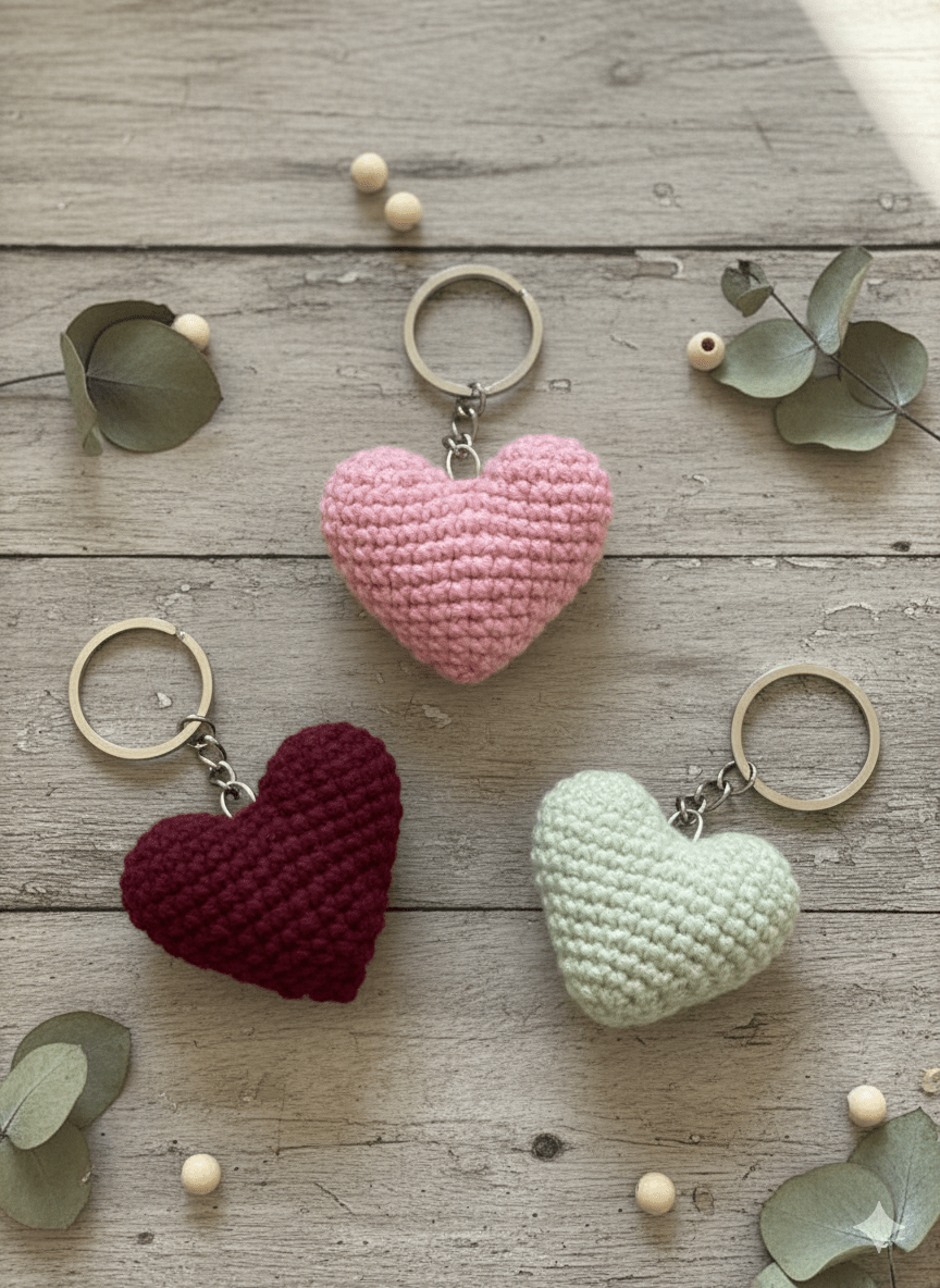 Handmade Crochet Heart Keychain - Pack of 3 – Amigurumi Heart Bag Charm (Multiple Colors) | Crochet By Pihu - Crochet By Pihu