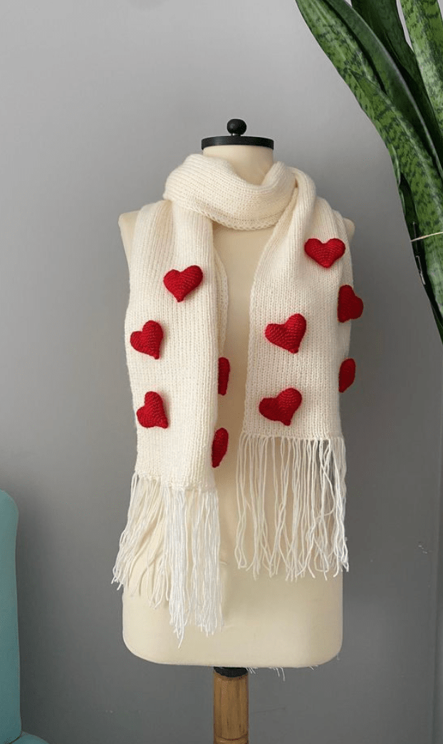 Handmade Crochet Heart Scarf – Cream Scarf with Red Hearts | Crochet By Pihu - Crochet By Pihu