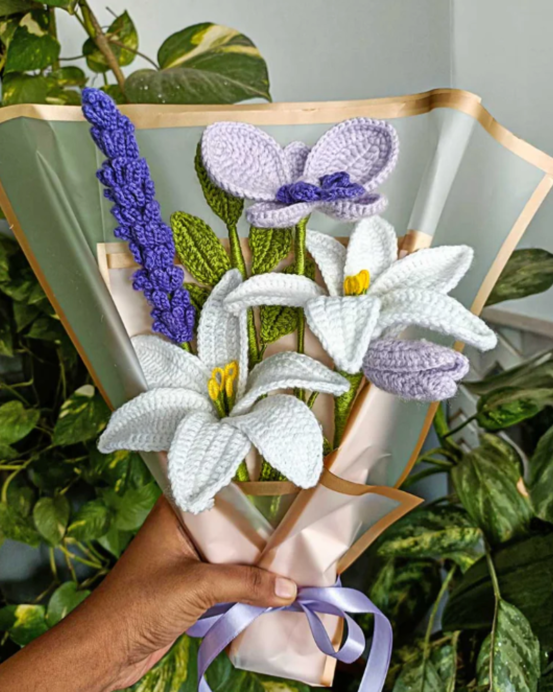 crochet flower lavender Handmade Crochet Lily & Lavender Bouquet – Amigurumi Flower Arrangemen – Crochet By Pihu