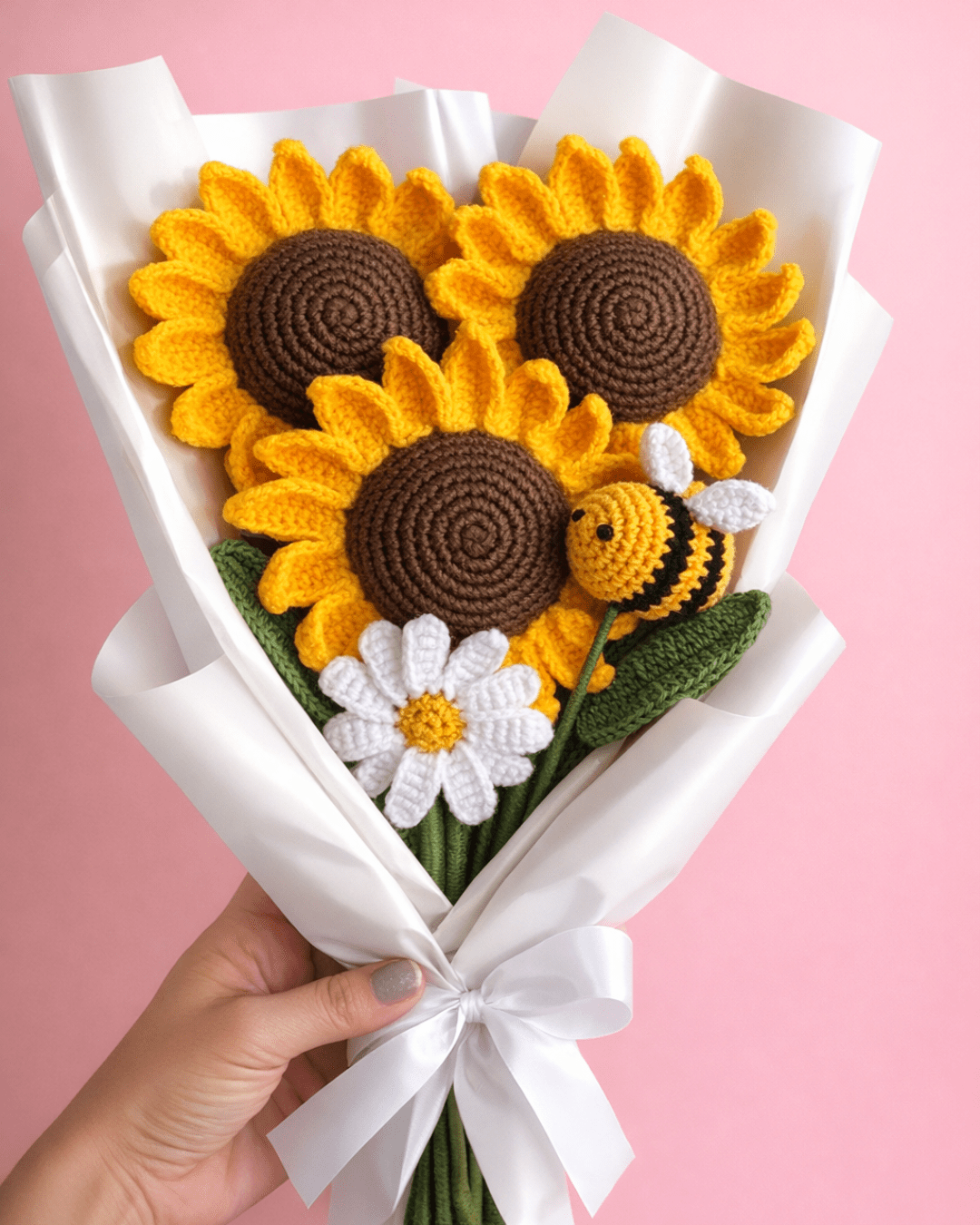 Handmade Crochet Sunflower & Bee Bouquet – Amigurumi Flower Gift | Crochet By Pihu - Crochet By Pihu
