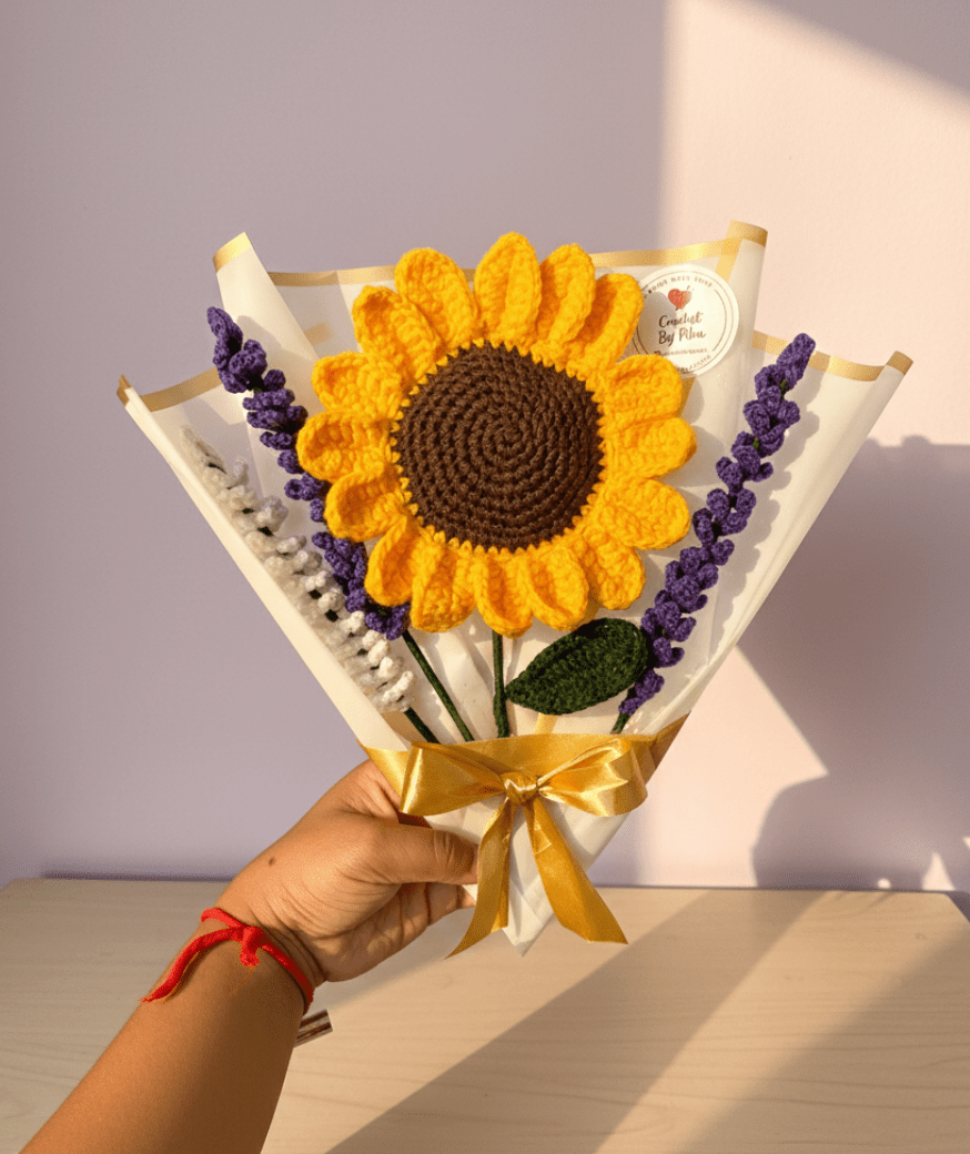 Handmade Crochet Sunflower Bouquet with Lavender – Crochet Flower Gift | Crochet By Pihu - Crochet By Pihu