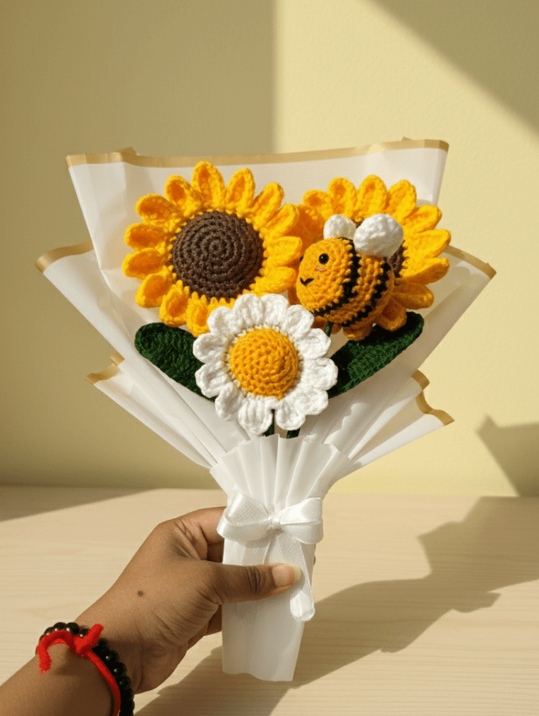 Handmade Crochet Sunflower, Daisy & Bee Bouquet – Cute Crochet Flower Gift | Crochet By Pihu - Crochet By Pihu