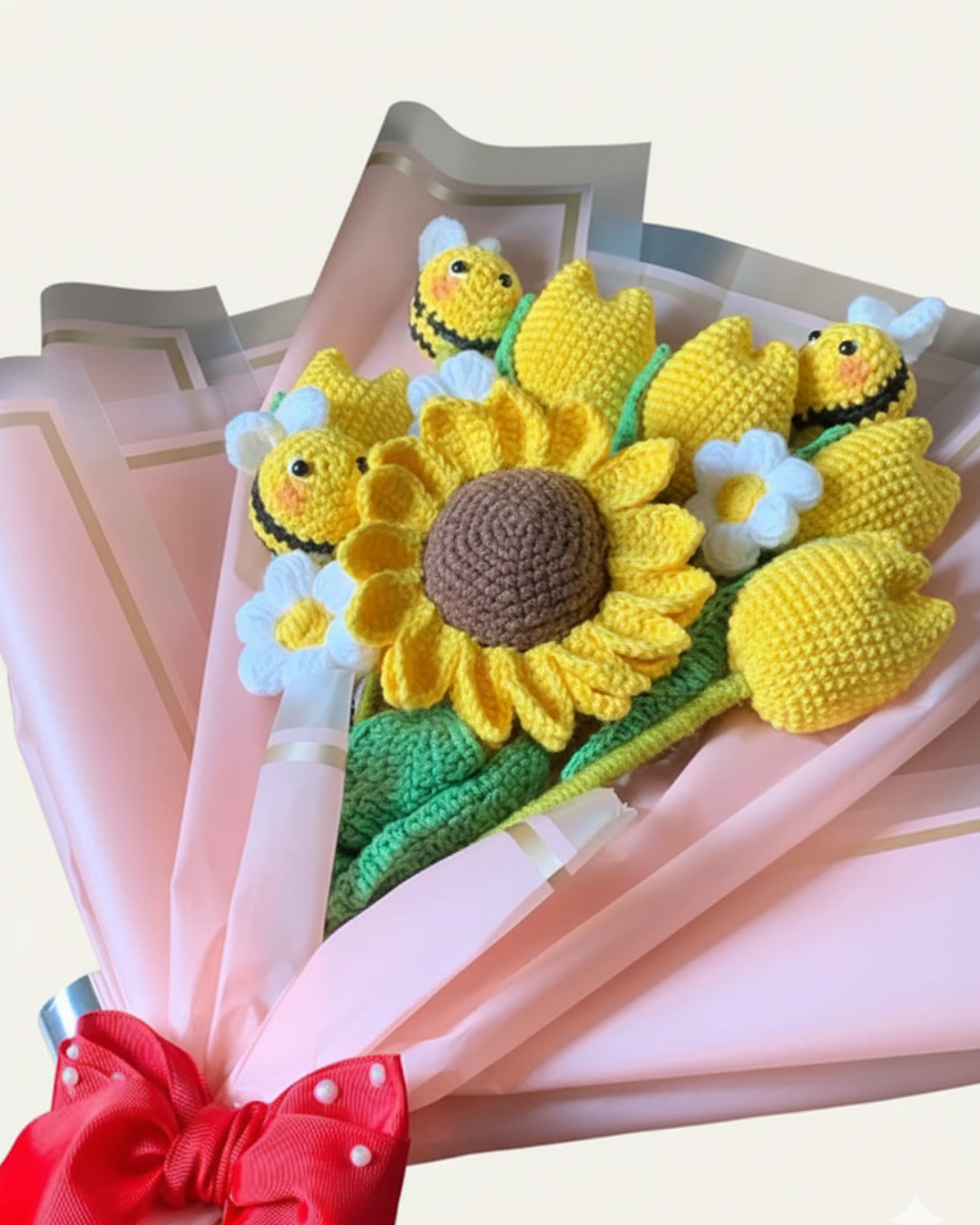 Handmade Crochet Sunflower, Tulips & Bee Bouquet – Amigurumi Flower Gift | Crochet By Pihu - Crochet By Pihu